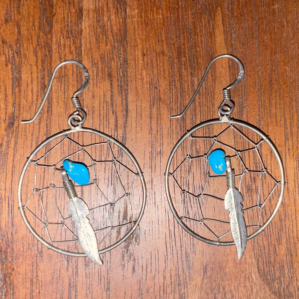 Silver Dreamcatcher Earrings with Blue Accent